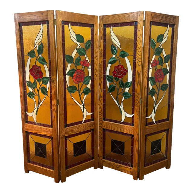 1970s Stained Glass Oak Framed Rose and Vine Pattern Room Divider For Sale
