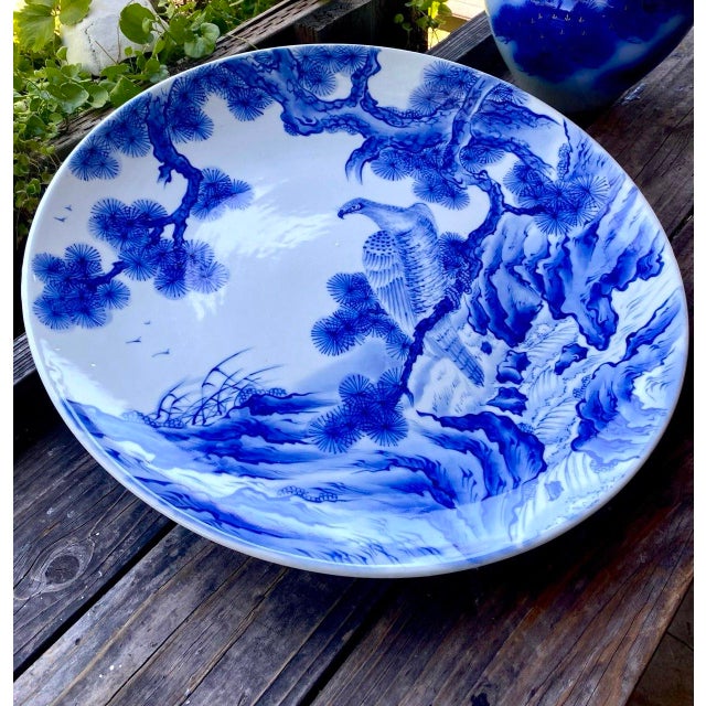 Japanese Mid 20th Century Monumental Japanese Blue & White Porcelain Charger With Hawk & Pine Landscape For Sale - Image 3 of 15