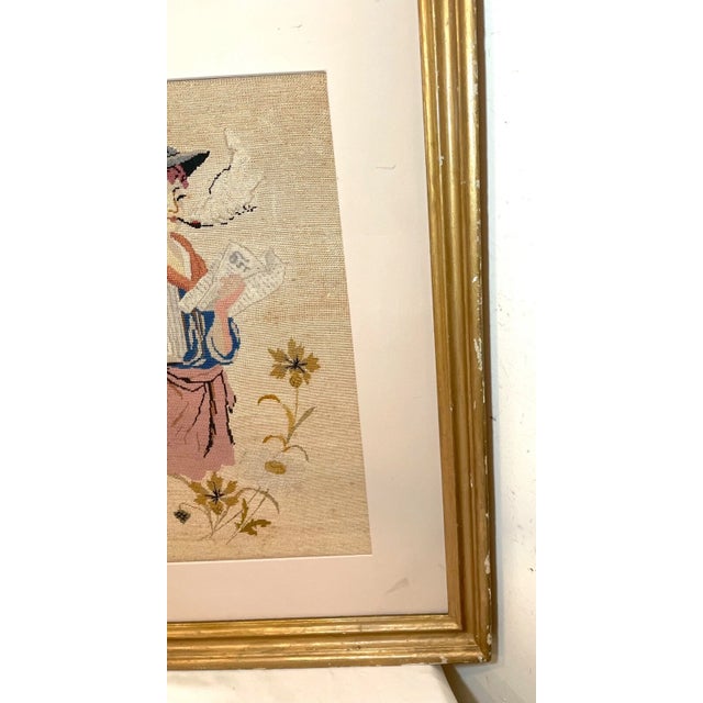 19th Century Antique 1800's Victorian Hand Embroidered Boy Smoking Needlepoint Portrait Art For Sale - Image 5 of 10