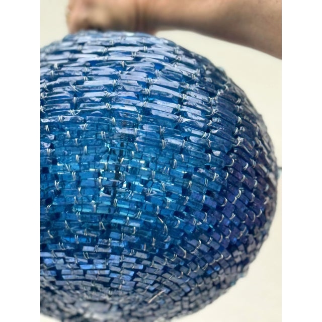 1960s Art Glass Pendant Light : Vintage Mid-Century Cut Blue Glass Stacked Globe-Shaped Round “Blue Moon” Pendant Light Fixture. Mid Century Vibe For Sale - Image 5 of 11