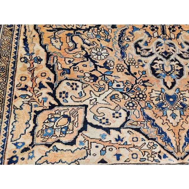 Vintage Persian Heriz Rug, Hand-Knotted Wool, Geometric Medallion Pattern,Tan & Navy, 9x13 For Sale - Image 15 of 18
