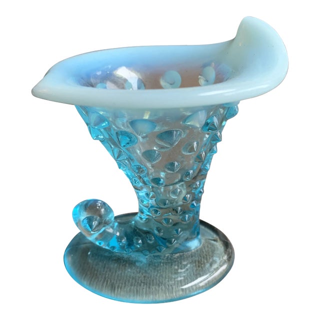 Small Vintage Blue and Opalescent Hobnail Glass Cornucopia Horn For Sale