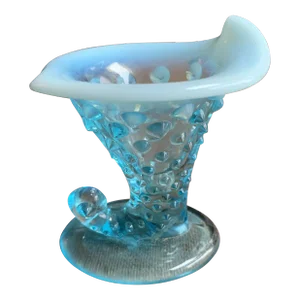 Small Vintage Blue and Opalescent Hobnail Glass Cornucopia Horn