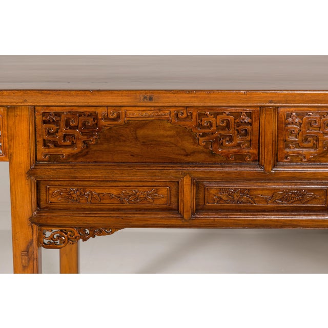 Mid-Century Modern Mid 20th Century Carved Console Table with Two Drawers, Scrolling Clouds & Flowers For Sale - Image 3 of 12