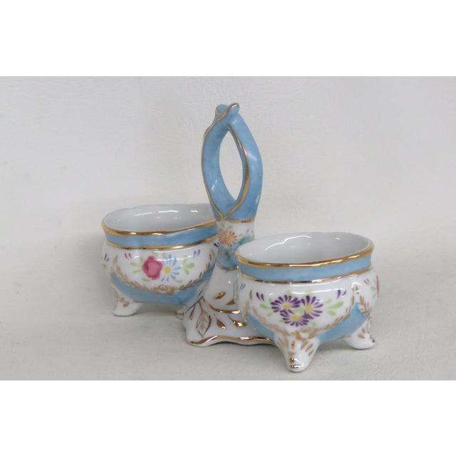 French Limoges China Double Open Salt Cellar With Handle Vintage Hand Painted 4696b For Sale - Image 3 of 15