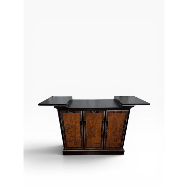 Wood Drexel Heritage Chinoiserie Black Lacquer Bar Cabinet With Drop-Leaf Top For Sale - Image 7 of 11