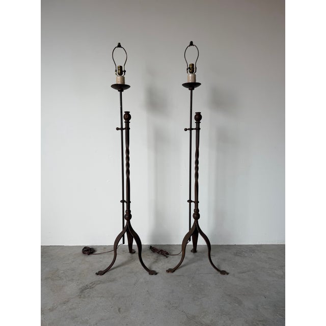 1980s Vintage Hand-Forged Iron French Gothic & Spanish Revival Adjustable Tripod Floor Lamps – A Pair For Sale - Image 5 of 13
