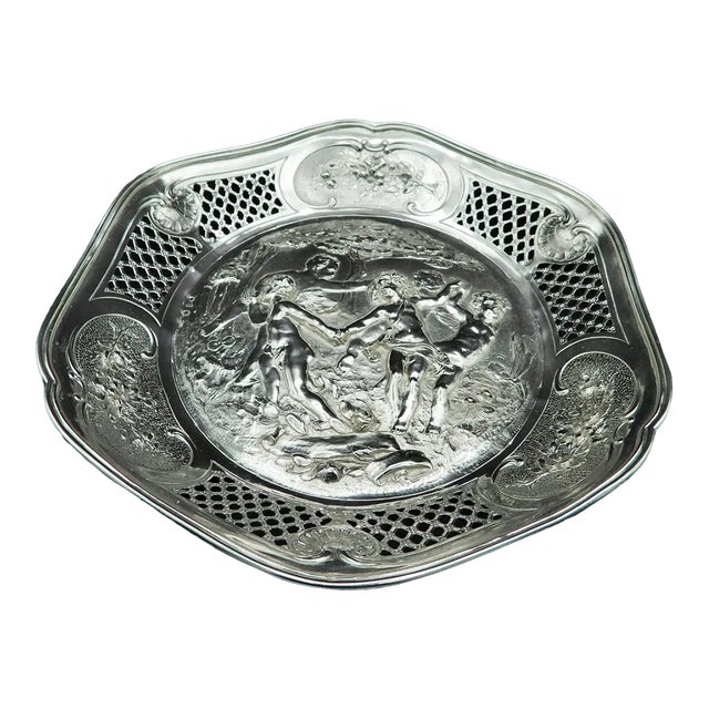 Antique German Continental Silver Reticulated Dancing Amorini Cherubs Serving Plate Tray, 1880s For Sale