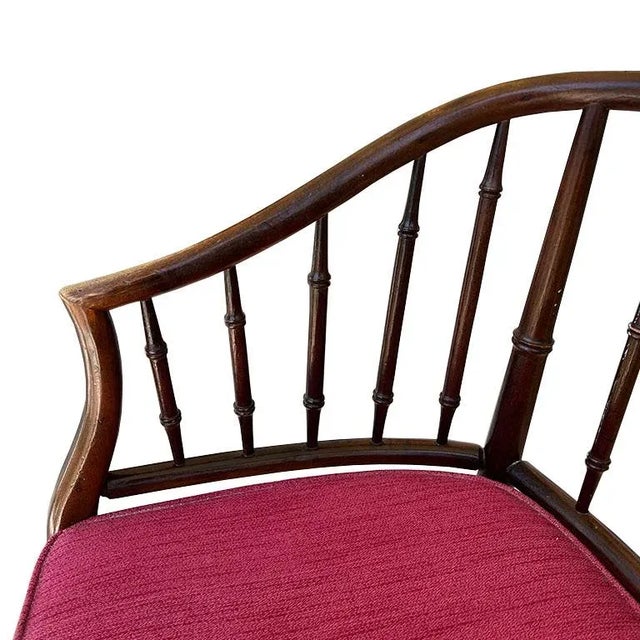 Brown 1960s Hollywood Regency Chippendale Brown and Red Faux Bamboo Wood Barrel Arm Chair For Sale - Image 8 of 8
