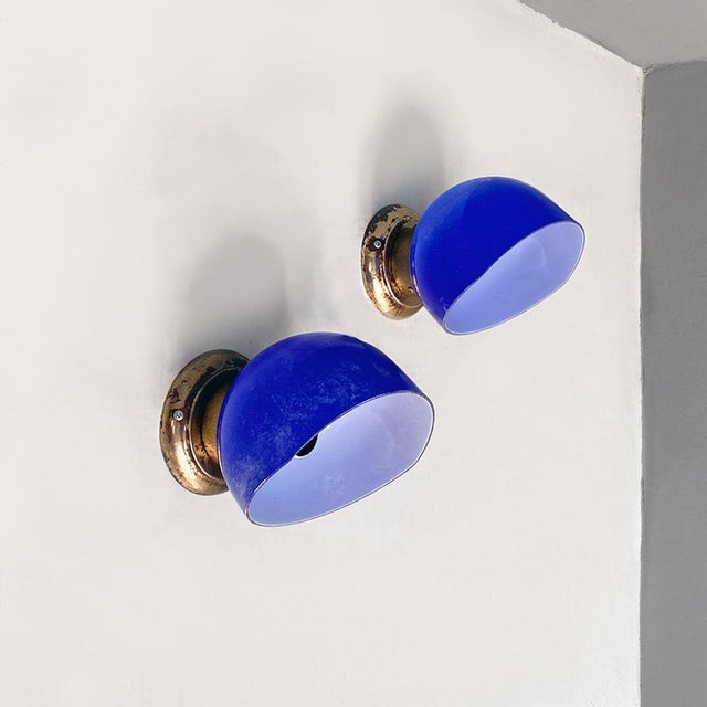 Italian Blue and White Glass & Sheet Metal Wall Light, 1930s, Set of 3 For Sale - Image 11 of 15