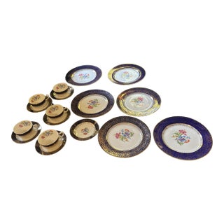 1970s 22 Kt Filigree Deep Blue Plate Set With Floral Accents- Set of 17 For Sale