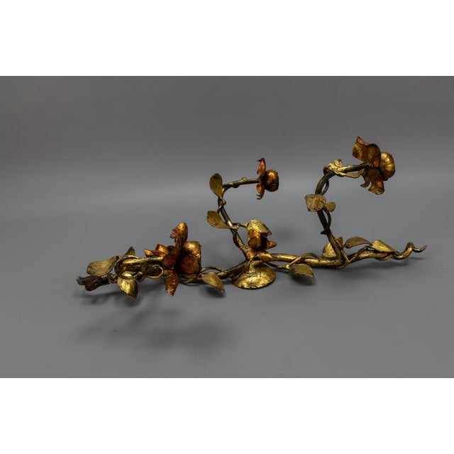 Hollywood Regency Gilt Tole Metal Triple-Arm Floral Wall Candle Sconce, 1970s For Sale - Image 16 of 18