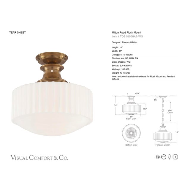 Milton Road Flush Mount in Hand-Rubbed Antique Brass with White Glass Elevate your ceilings with refined architectural...
