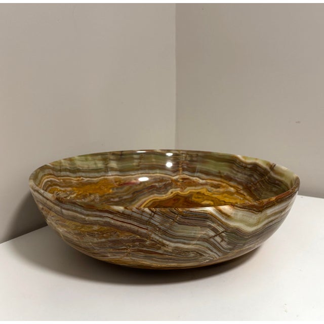 Vintage Afghanistan Banded Calcite Bowl 14” Green & White Onyx Stone Collection MCM For Sale - Image 4 of 8