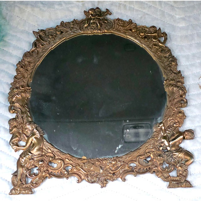 Victorian 19th Century Cast Bronze Hanging Mirror With Figural Decorations Featuring Detailed Cherubs For Sale - Image 3 of 7
