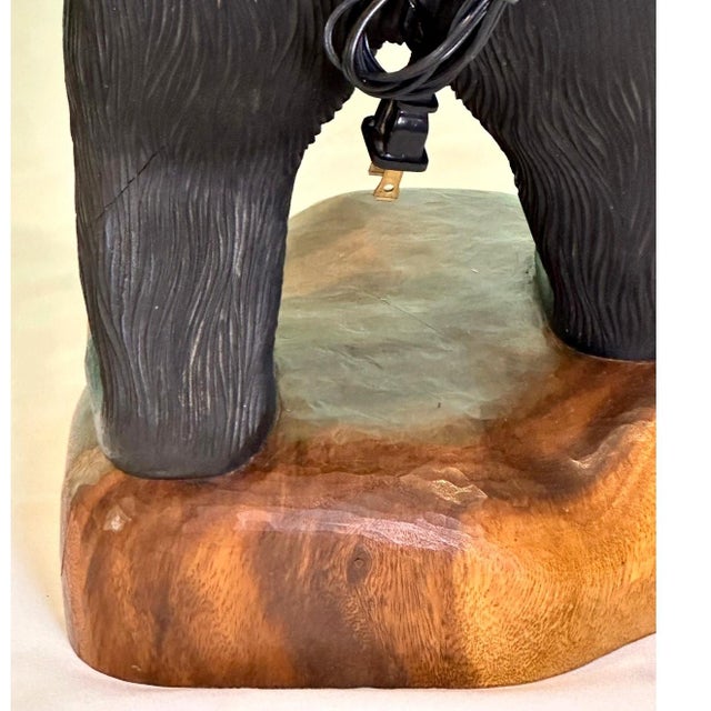 Late 20th Century Rare Rustic Carved Wooden Standing Bear Lamp With Intricate Details For Sale - Image 9 of 15
