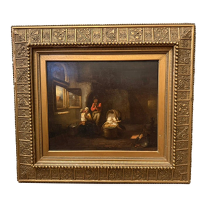 Late 19th Century Antique Interior Genre Oil Painting on Wood Panel, Ornate Gilt Frame