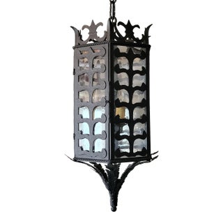 Vintage Custom Hexagonal Iron & Glass Pendant Lantern - 10 Available For Sale