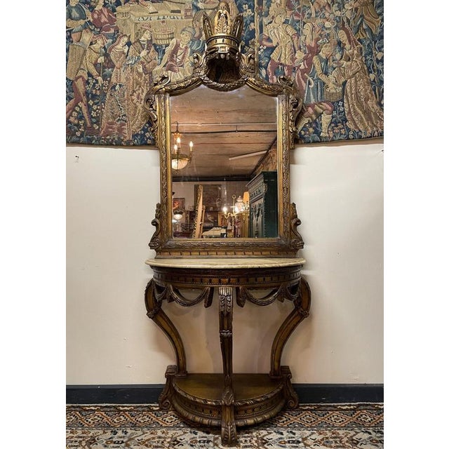 Metal French Style Gilt Wood Console Table with Marble Top and Mirror For Sale - Image 7 of 7