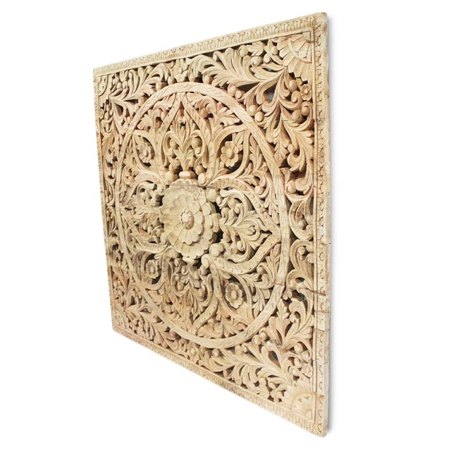 Vintage hand carved lotus medallion square carved panel beautiful design in raw wood ready to be stained or painted for...