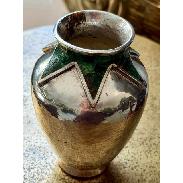 Silver Vintage Emilia Castillo Taxco Brutalist Silver Plate and Malchite Vase For Sale - Image 8 of 11