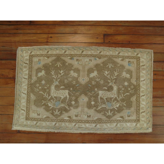 Rustic Mid 20th Century Pair of Neutral Tabriz Pictorial Reindeer Mats For Sale - Image 3 of 6