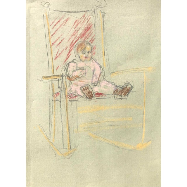 1960s Pastel of a Baby in a Chair For Sale