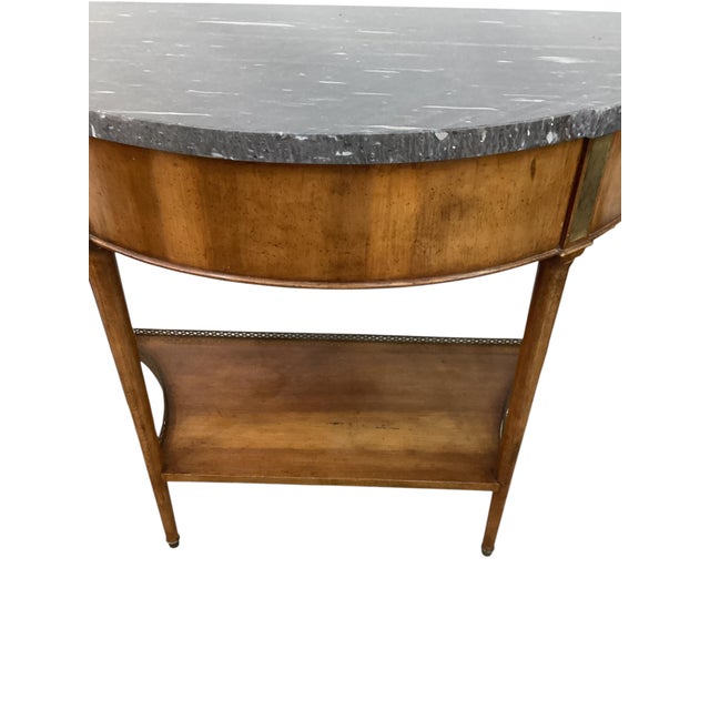 Pair of Louis XVI Style Marble Top Mahogany Brass Mounted Demi-Lune Consoles For Sale - Image 4 of 11