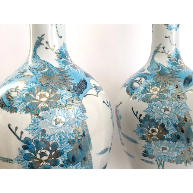 Japanese Lamps Hand Painted Japanese Kutani Porcelain Coastal Blue Peacocks Extra Large Pair 1960s For Sale - Image 3 of 14