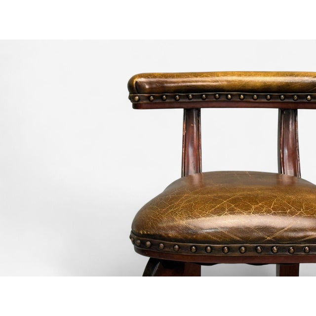 Wood Georgian Style, Distressed Brown Leather, Stained Wood, Six Bar Stools, 20th Century - Set of 6 For Sale - Image 7 of 10