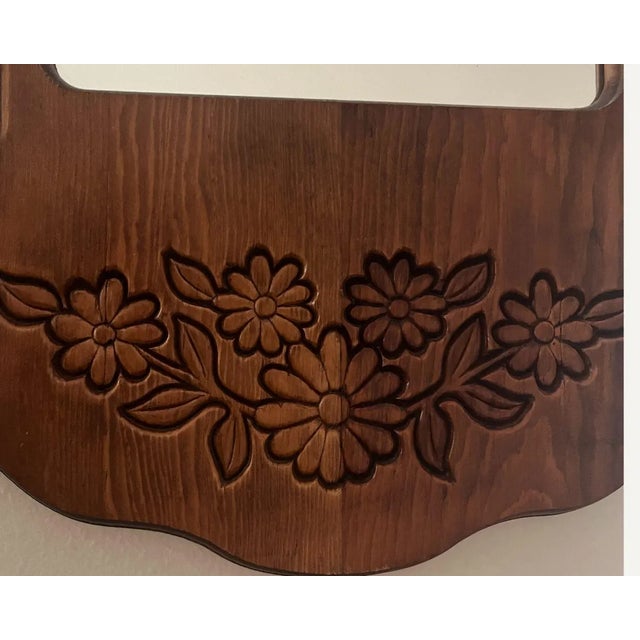 Folk Art Vintage Wood Carved Floral Wall Mirror For Sale - Image 3 of 3