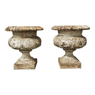 Pair of 19th Century Painted Cast Iron Planter Vases From France For Sale