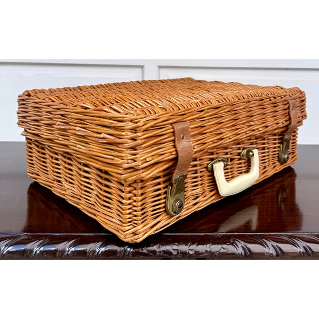 Mid 20th Century Vintage English Sirram Wicker Picnic Hamper Suitcase With Blue Interior & Plates For Sale - Image 5 of 14