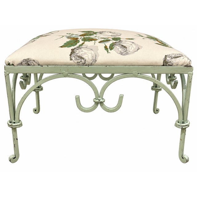 French Country Vintage Iron Foot Stool With Colefax and Fowler “Bowood” Cotton Chintz Upholstered Cushion For Sale - Image 3 of 17