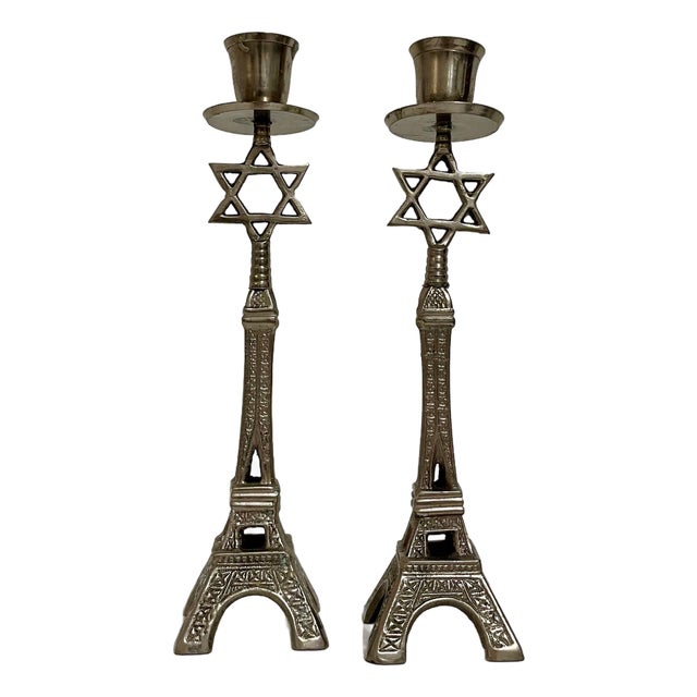 Mid Century Mod Judaica Chrome Eiffel Tower Star of David Candle Holders France, c. 20th century For Sale