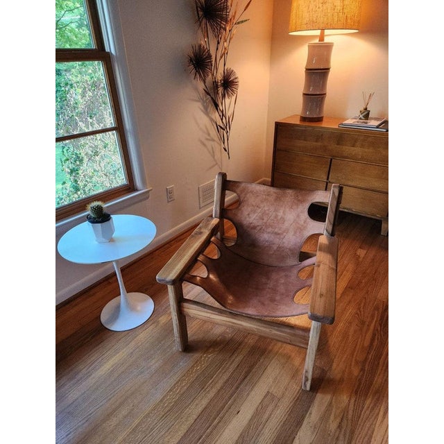 Wood Modern Leather and Teak Lounge Chair For Sale - Image 7 of 8