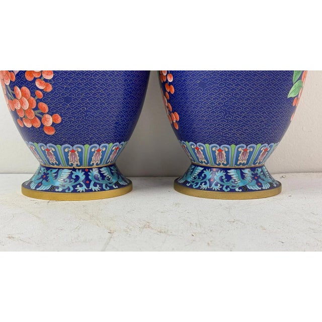Pair of Chinese Cloisonne Enamel Vases Blue Ground With Red Berries For Sale - Image 11 of 12