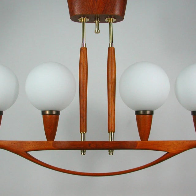 Mid-Century Swedish Modern Teak and Satin Glass Chandelier, 1960s For Sale - Image 6 of 18