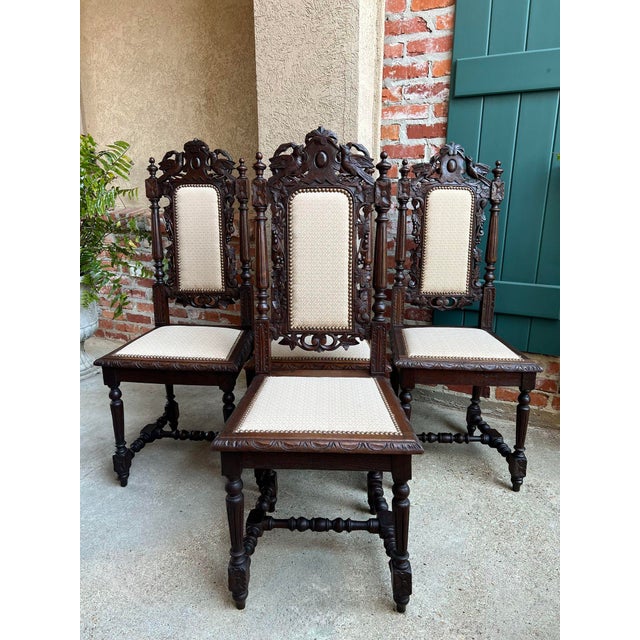 Set 4 Antique French Dining Chairs Renaissance Carved Oak Bird Black Forest. Direct from France, a gorgeous set of 4...