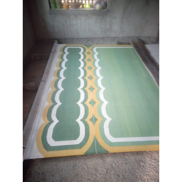 Handmade Cotton Area Scalloped Dhurrie, Moss Green, Cream and Mustard Border Rug-10'x14' For Sale - Image 6 of 13