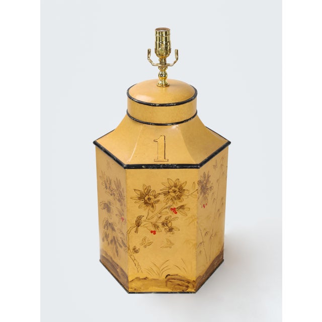 Vintage English Export Chinoiserie Style Yellow Hexagonal Tea Caddy