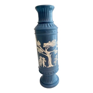 Vintage Blue & White Neoclassical Jasperware-Style Pedestal Vase For Sale