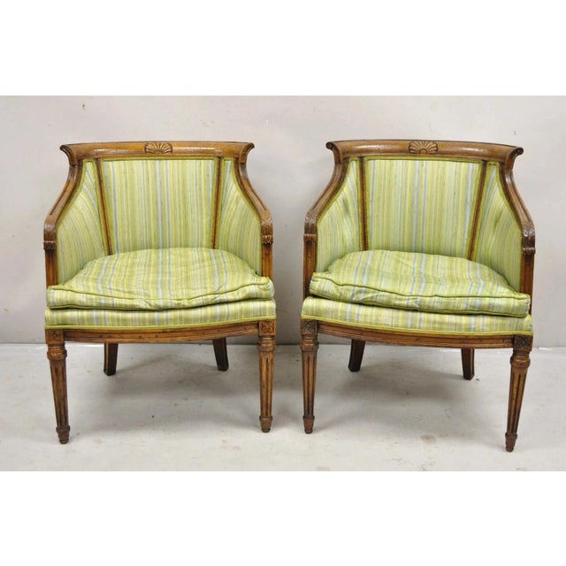 Antique Italian Regency Style Distress Carved Walnut Barrel Back Club Armchairs - a Pair. Item features solid carved...