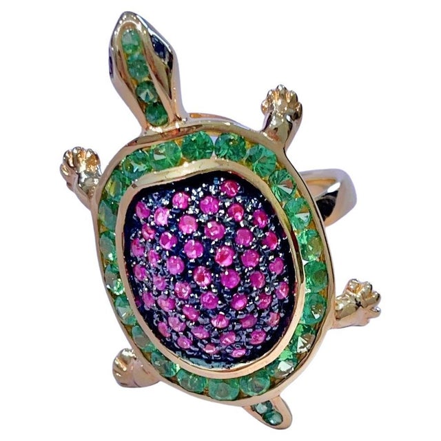 BOCHIC "Orient" Green Emerald & Pinksapphire Cocktail Ring, 22k Gold & Silver, Size 7 For Sale - Image 15 of 18
