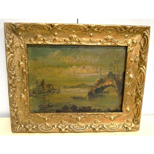 Seascape. Antique oil painting Antique oil painting on copper, 19th century The painting depicts a fantasy view Coast with...