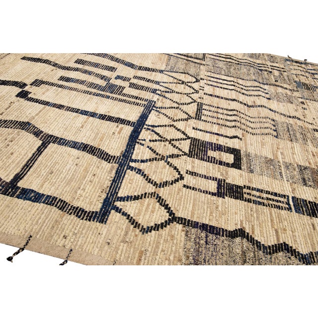 Textile Modern Boho Beige Moroccan Style Handmade Tribal Pattern Square Wool Rug For Sale - Image 7 of 10