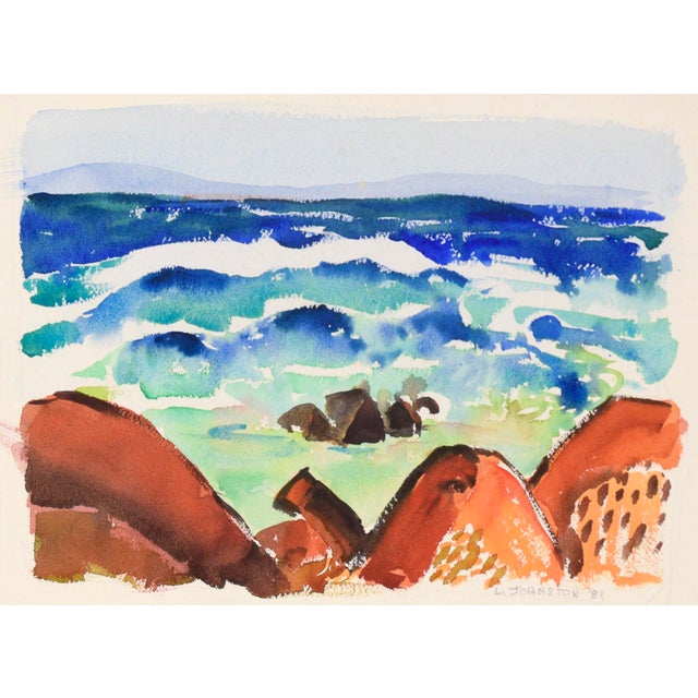 Modernist 20th Century Rocky Plein Air California Landscape A vibrant watercolor seascape by California artist Lucile...