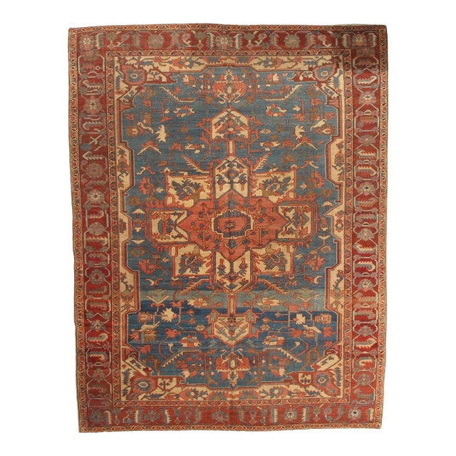 Antique Persian Serapi Handmade Light Blue, Ivory & Rusty Red Rug For Sale