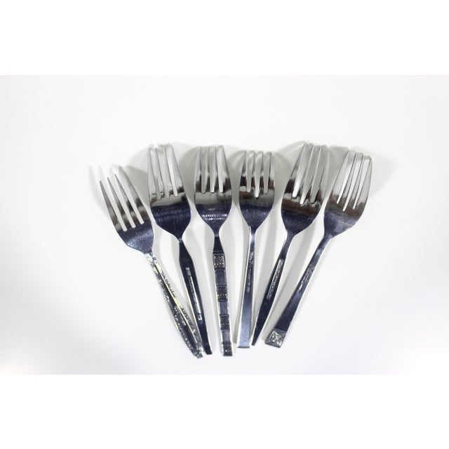 Silver Curated Set of 6 Mid Century Modern Stainless Steel Salad or Dessert Forks, Mismatched Vintage Table Setting, Six Fork, MCM Black Background For Sale - Image 8 of 9