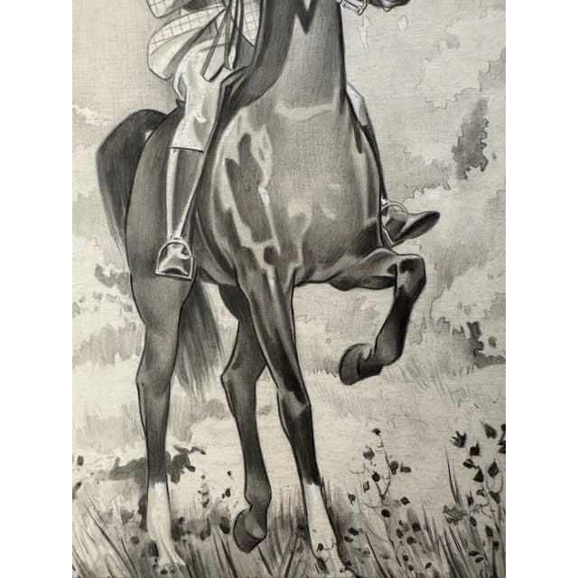 1940s Original Signed Graphite Illustration of Young Equestrian on Horseback, 12 × 9 In. For Sale - Image 4 of 7